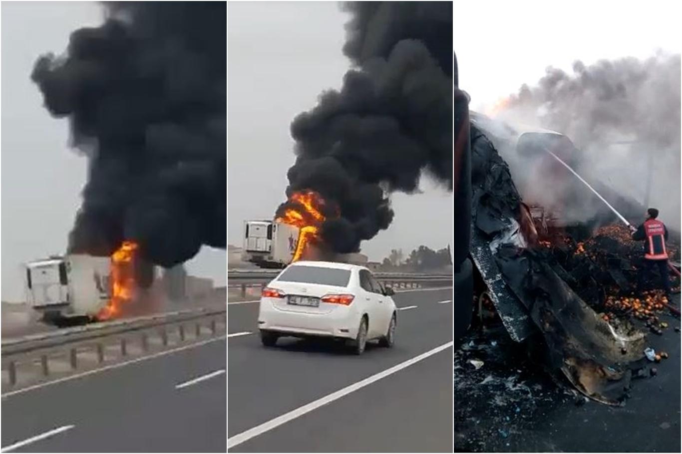Portakal yüklü TIR aniden alev aldı Portakal yüklü TIR aniden alev aldı